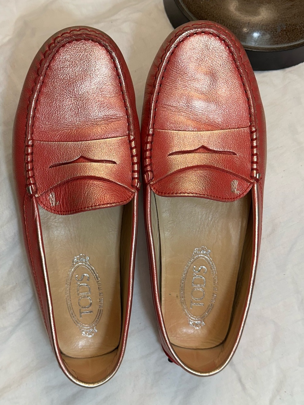 EUC Red Todโs loafers 38 7.5 Tods slip on shoes leather red silver metallic Mocs